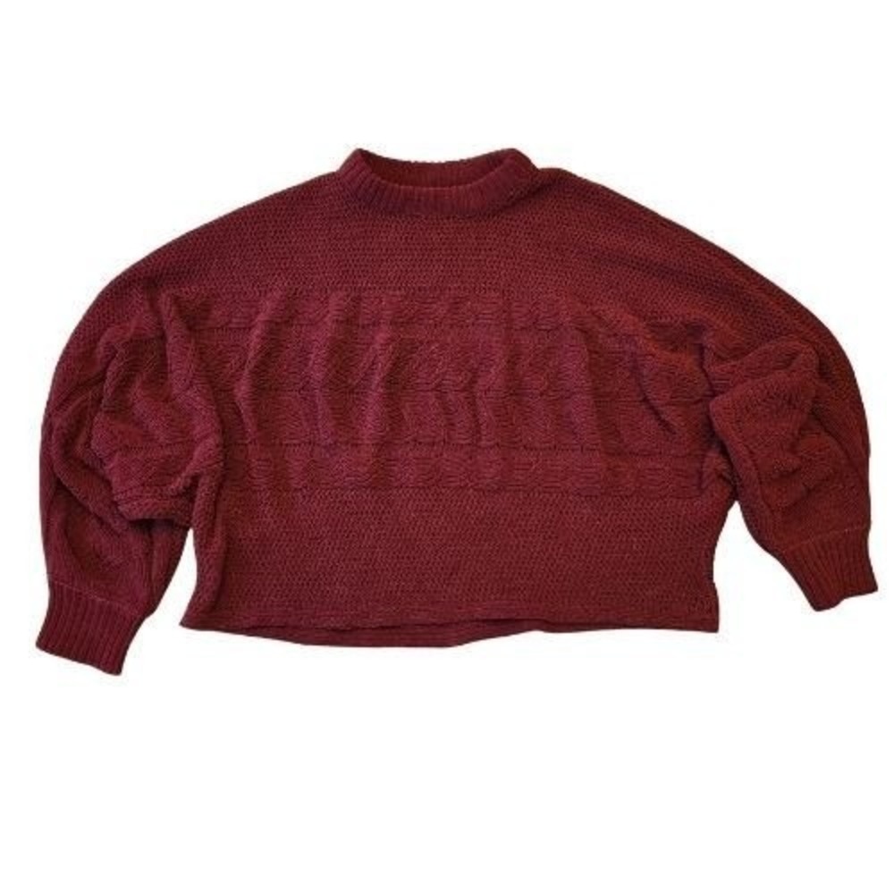 Derek Heart L Chunky Knit Sweater Maroon Cable Knit Balloon Sleeve Cropped Hole